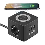 Steckdosenwürfel, BEVA Cube Steckdosenleiste 2 Fach + 3 USB mit Wireless Ladefunktion Mehrfachsteckdose Schutzkontakt Desktop-Ladestation, Handy-Ladegerät für Reise, Haushalt und Büro, Schw