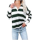 Orgrul Damen Gestreifter Langarm Pullover Tops Revers Knopf Bequemes Loses T-Shirt Farbverlauf Lässige Herbst Tees Bluse (XL, Grün)