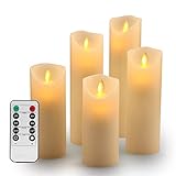LED Flammenlose Kerzen echtwachs led kerze : Set von5 Batteriebetriebene Kerzen D2.2xH 5.5' 6'6.5' 7'8' Echtwachssäule Kerzen Flackern mit Fernbedienung und Timer-Steuerung Elfenbein Farbe（5x1)）