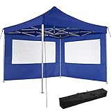 TecTake 800685 Aluminium Faltpavillon 3 x 3 m, klappbar, 100% WASSERDICHT, höhenverstellbar, mit 2 Seitenwänden, inkl. Spannseile, Heringe und Tasche – Diverse Farben - (Blau | Nr. 403150)