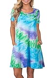Bequemer Laden Sommerkleid Damen Casual Lose Kurzarm T-Shirt Kleid Knielang Freizeitkleid Tunika Einfarbig/Blumen Elegant Swing Kleider mit Taschen,Z-Tie-Dye Hellblau,M