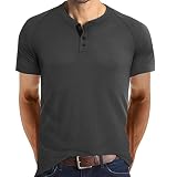 Herren Sommer T-Shirt Rundhals Tee Tops Kurzarm Henley-Shirt mit Grandad-Ausschnitt Baumwolle T-Shirt mit Knöpfen Basic Männer Kariert Oberteile Top