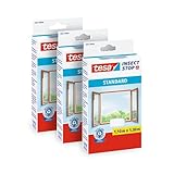 tesa Insect Stop STANDARD Fliegengitter für Fenster im 3er Pack - Insektenschutz zuschneidbar - Mückenschutz ohne Bohren - 3 x Fliegen Netz weiß - 110 cm x 130