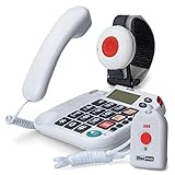 Maxcom KXTSOS: Seniorentelefon mit Funk-Notruf-Sender, schnurgebundenes Festnetztelefon mit Arm- und Halsbandsender, großen Tasten, Adapterstecker, hörgerätekompatib