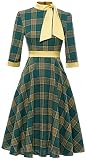 EUDOLAH Damen Kariert Cocktailkleid 3/4 Ärmel Vintage Hepburn Midikleider Rockabilly Swing Kleider Grün Rollkragen S