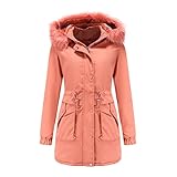 TTWOMEN Damen Übergröße Warm Langarm Reißverschluss Mantel Jacke Outwear Mit Kunstpelz gefütterter Trenchcoat Mit Kapuze Dicker M