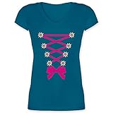 Kompatibel mit Oktoberfest Damen Trachtenshirt - Dirndl mit Edelweiß - S - Türkis - bayrische Bluse Damen - XO1525 - Damen T-Shirt mit V