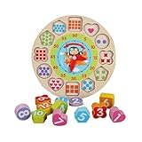 VOUNEDA Formsortierer, Holzuhr Puzzle Spielzeug Nummer Wecker 12 Zahlen Uhr Spielzeug Geometrie Kognitive Kinder Puzzles Lernspielzeug für Babys, Holzuhr Spielzeug für Jungen ab 3 J