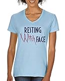 Comedy Shirts - Resting Witch face - Damen V-Neck T-Shirt - Hellblau/Lila-Fuchsia Gr. XL