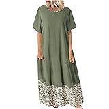 Sommerkleid Damen Lässiges Sommerkleider Sommer A-Linie Kleider Maxikleider Strandkleid Strandmode Sommer Lang lose O-Ausschnitt Nähte Retro-Print kurzärmeliges Sommermode Schulterk