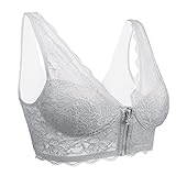 Orbescl Damen Spitzen BH Ohne Buegel Bustier Dünn Front Closure Bralette Push Up Vorderer Reißverschluss BH Lace Bra mit Abnehmbare Gepolstert Grau S