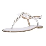 SheSole Damen Sandaletten - Flache Damen-Sandalen mit Perlen & Strasssteinen, modische Riemchensandalen, Weiß, 39 EU