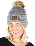 Funky Junque Damen Beanie Warm Weich Strickmütze Winter Dicke Rippen Kunstfell Pom Hat, Diagonal Stripes - Dark Grey, Einheitsgröß