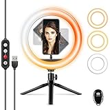 10“ LED Ringlicht, Ring Light Mit Stativ und Handyhalter, 3 Farbmodi und 10 Helligkeitsstufen, USB Dimmbares Desktop Make Up Licht, Geeignet für Tiktok, Fotostudio, Selfie, Beauty, YouTube Videog