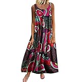 LRWEY Frauen Plus Size Casual Maxikleid Lose Ärmellos Floral Täglich Leinen Print Langes Kleid, rot, M