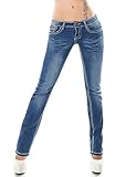 Damen Straight Leg Jeans Stretch Denim Skinny Bestickte Hosen Größen EU 34-44 Gr. 42, Hellblau 90-3