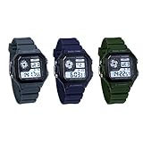 JewelryWe 3pcs Herren Digitaluhr Digital Armbanduhr 30M Wasserdicht Sportuhr Quadrat Uhren mit 12/24H, Chronograph Countdown, Stoppuhr, Wecker, Kalender und LED Beleuchtung (Blau Grün Grau)