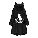 Sweatshirt mit Katzenohren und Stickerei, dicke Sweatshirts für Damen, Kapuzenpullover, Fleece, Wintermäntel, Übergröße, Kapuzenjacke mit Taschen, Schwarz , 50