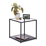 Relaxdays, schwarz Beistelltisch Glas+Holzablage, Metallgestell, robust, quadratisch, Flacher Couchtisch HBT 50x50x50 cm, S