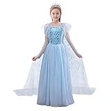 IWEMEK Mädchen Eiskönigin Kostüm ELSA Kleid mit Schneeflocke Umhang Pailletten Schneekönigin Prinzessinkleid Weihnachten Halloween Karneval Fasching Verkleidung Partykleid Kinder Blau 4-5 J