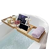 XnZLXS Bambus Badewannenablage Luxus Spa Lese-Organizer mit Halter für Ihr iPad oder Buch Ausziehbare Folien Passend für die meisten Whirlpools & W