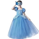 IWEMEK Mädchen Cinderella Kostüm Aschenputtel Prinzessin Kleid Tutu Tüll Maxikleid Kinder Karneval Verkleidung Halloween Festkleid Fasching Cosplay Partei Kostüm Blau 6-7 J