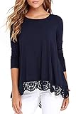 Blusen Damen Langarm Lace Rundhals Pullover Elegant Spitze Langramshirt Asymmetris Shirt Lang Pullover Shirts Damenblusen Casual Tunika Top(Dunkelblau,L)