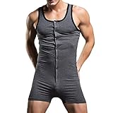 Pottoa Herren Herren Unterhemd Unterwäsche, Baumwolle Einteilige Weste Jumpsuit Sexy Unterwäsche Hause Pyjamas Sexy Tank Tops Shorts Body Nachtwäsche, Dunkelgrau, L