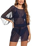 Damen Strandkleid Bikini Cover Up Strandponcho Bademode Strand Vertuschen Shirt Tunika Elegant Transparent Sommerkleid Urlaub Sommer Navyblau XXL