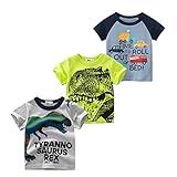 Snyemio 3er Pack Kinder Jungen T-Shirt Kurzarm Baumwolle Cartoon Bedrucktes Sommer Tops 1-7 Jahre, Grau, 128-134 (Etikette 130)