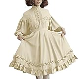 LOPILY Kleider Damen Vintage Lolita Kostüme Kleid Damen mit Trompetenärmel 46 44 42 Rüschen Prinzessin Midikleid mit Knopfen Halloween Kostüme Damen Karneval Faschingskostüm Mädchen (Beige, 40)