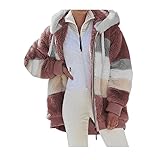 MOMONIHAO Fleecejacke Damen Winter Warm Frauen Elegant Farbblock Faux Fur Pelzmantel Mit Taschen Plus Samt Dickere Warm Kapuzenjacke Oversize Kunstpelz Jacke (Rot,4XL)