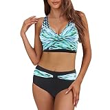 BUKINIE Damen-Bikini-Set mit hoher Taille, zweiteilig, Push-Up-Badeanzug, überkreuzt, gepolstert, Bademode, Strandkleidung, A-grün, Larg