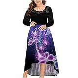 Komiseup Große Größe Frauen Sexy Schmetterling Gedruckt Rundhals Unregelmäßiger Saum Spitze Spleißen Langarm Pullover Partykleid Freizeitk