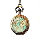 Weltkarte Taschenuhr Halskette, antiker Landkarten-Schmuck, Vintage-Charm, Glas-Foto-Schmuck