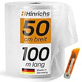 Hinrichs Luftpolsterfolie 50cm x 100m - Inkl. Cutter - Ideal für Versand, Verpackung und Umzug - 100% recyclingfähig - Bubble Wrap als Verpackungsmaterial - Nopp