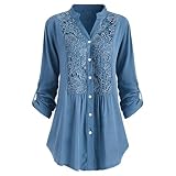 Shirt Damen Langarm Locker Spitze Reliefmuster Patchwork-Oberteil 3/4 Lange Ärmel V-Ausschnitt Knopfleiste Tunika-Hemd Elegantes Bohemian-H