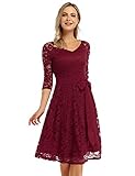 KOJOOIN Damen Vintage Kleid Brautjungfernkleid Knielang Langarm Spitzenkleid Cocktailkleid Bordeaux Weinrot XXL