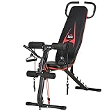 HOMCOM Hantelbank verstellbare Trainingsbank mit elastischer Seils Sit Up-Bank für Heimtraining 6 Stufen Rückenlehne-Gefälle Gewicht bis 150 kg Stahl Kunstleder Schwarz+Rot 145 x 49 x 57-127