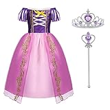 ACWOO Kinder Mädchen Prinzessin Kostüm, Prinzessin Rapunzel Lang Kleid Festkleid Maxikleid mit Diadem Handschuhe Zauberstab usw für Party Cosplay Verkleidung F