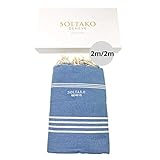 SOLTAKO XXXL 2x2m Fouta Strandtuch Handtuch Saunatuch Badetuch Hamamtuch Yoga Decke Pestemal in Jeansblau Farbe in eleganter Geschenkbox, extra groß, 200 x 200