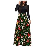 LOPILY Weihnachtskleid Damen Böhmischen Rentier Gedruckt Bodenlänge Maxikleid Abendkleider Weihnachtsmotiven Hoher Taille Kleider Partykleid Weihnachtskleider Wickelkleid Festkleid (X7-Black, L)