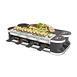 SUNTEC Raclette Grill RAC-8069 Flex8 metal/stone – Mini Tischgrill für 8 Personen – 8 Pfannen + 8 Spatel als Zubehör Set – Doppelseitige Grillplatte + Steinplatte – Mit Drehgelenk – 1400 W