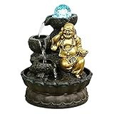 LUAI Tischbrunnen Smiley Buddha Tischbrunnen mit Kristallkugel, lächelnder Buddha-förmiger Wasserbrunnen, der Goldbarren in der Hand hält (Color : Gold)