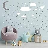 Wandaufkleber Mond Sterne und Wolken Vinyl ablösbar PVC-Sterne zum Abziehen und Aufkleben Wandsticker für Kinder Jungen Mädchen, Kinderzimmer Schlafzimmer Babyzimmer DIY Wand Heimdekoration (Silber)