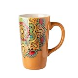 Tasse ethnischen Stil Becher Retro Handgemalte Kaffeetasse Große lange Tasse Große Kapazität Keramikschale Home Office Trinkbecher mit Deckel Löffel 500ml Cup ( Color : Yellow , Size : Single cup )