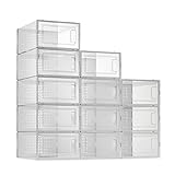Cocoarm Schuhboxen 12er Set, Aufbewahrungsboxen für Schuhe, Schuh-Organizer, Kunststoffboxen, faltbar und stapelbar, für Schuhe bis Größe 42, transparent-weiß