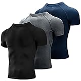 Niksa 3 Stück Kompressionsshirt Herren,Laufshirt Herren Kurzarm mit Unterarm Mesh kurzärmliges Funktionsshirt Atmungsaktiv Sportshirt Männer für Running Workout Fitness Schwarz,Grau,Marine,XXL