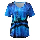 Damenmode Top Shirt Kreative Grafikdruck Kurzarm V-Ausschnitt Lose Casual T-Shirts Top Weich Damen Tee, blau, S