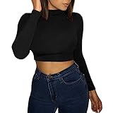 BUKINIE Lässiges Damen-T-Shirt, schmal, enganliegend, langärmelig, einfarbig, bauchfrei, sexy, Stretch, Stehkragen, bauchfreies Sweatshirt, Schwarz , S